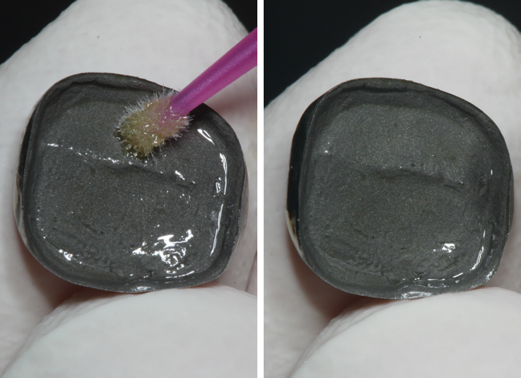 Close-up of gloved fingers holding a small, square, gray object. Left: a brush applies liquid to the surface; right: the same object after application.